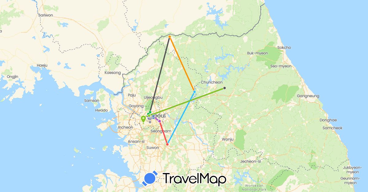 TravelMap itinerary: driving, bus, plane, cycling, train, hiking, boat, hitchhiking, motorbike, electric vehicle in South Korea (Asia)